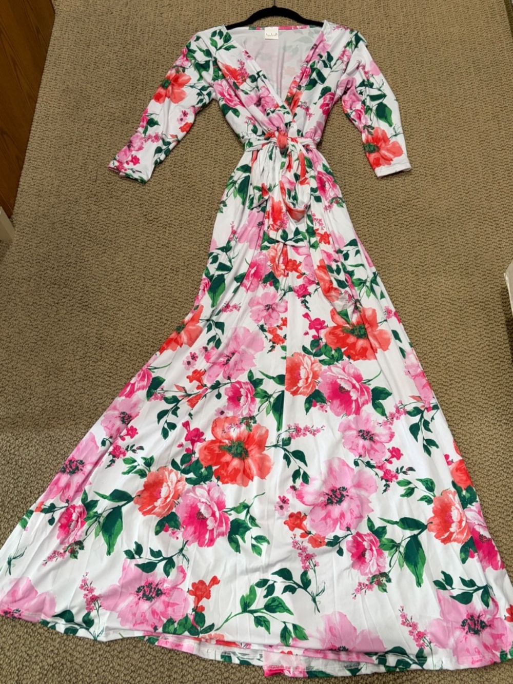 New Lia polyester Maxi Dress Floral 3 /4 Sleeve Belted V Neck Stretch Long Dress